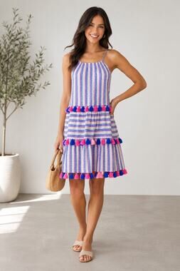 Tessora Womens Sydni Tasseled Embellished Dress Small Blue Pink Resort Wear